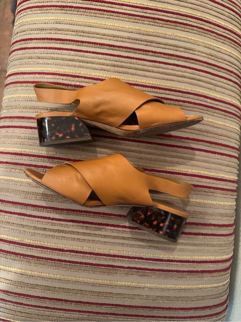 Vince JETTA Cognac Leather Crisscross Sandals with Tortoiseshell Block Heel